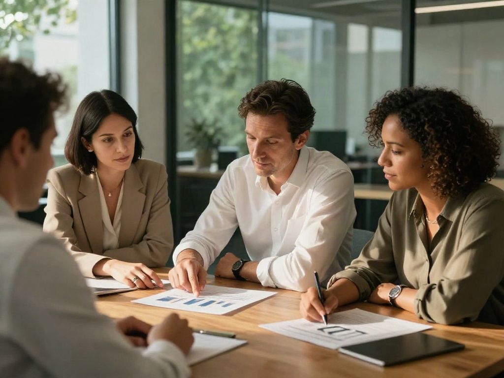 Business colleagues collaboratively reviewing data and strategic priorities around a meeting table