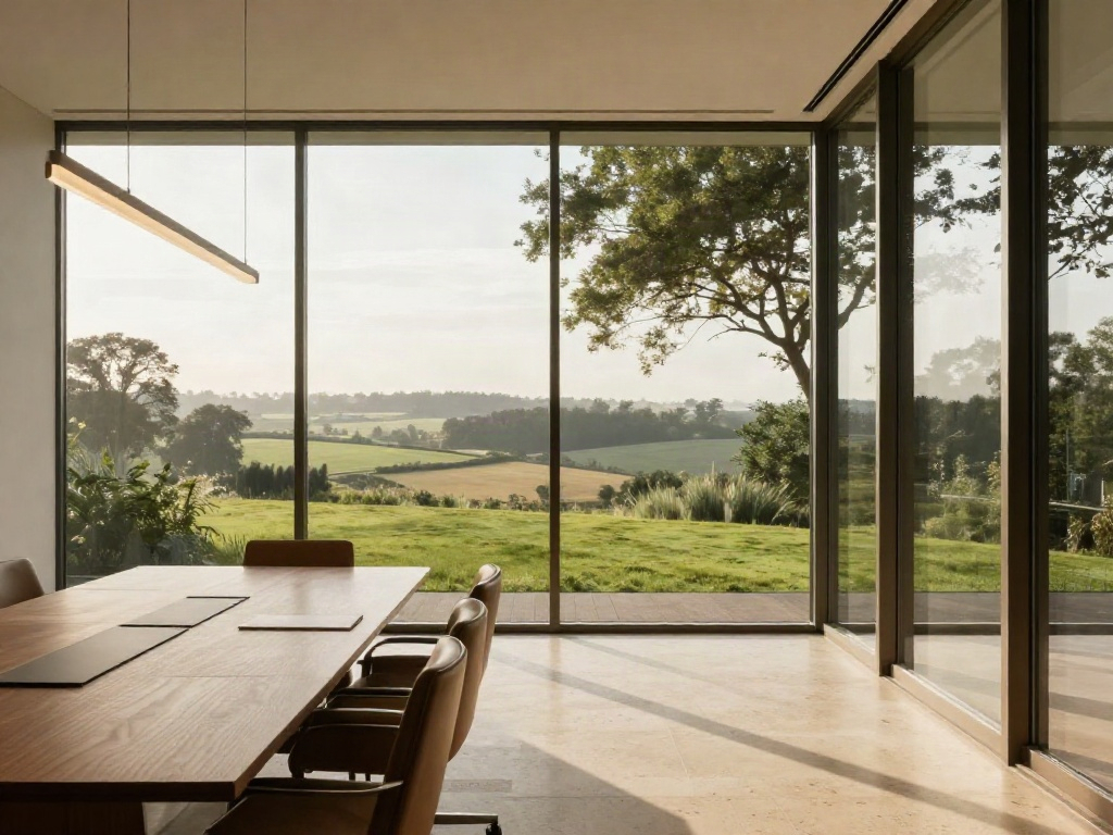 Sunlit executive boardroom with a clear view across a green landscape
